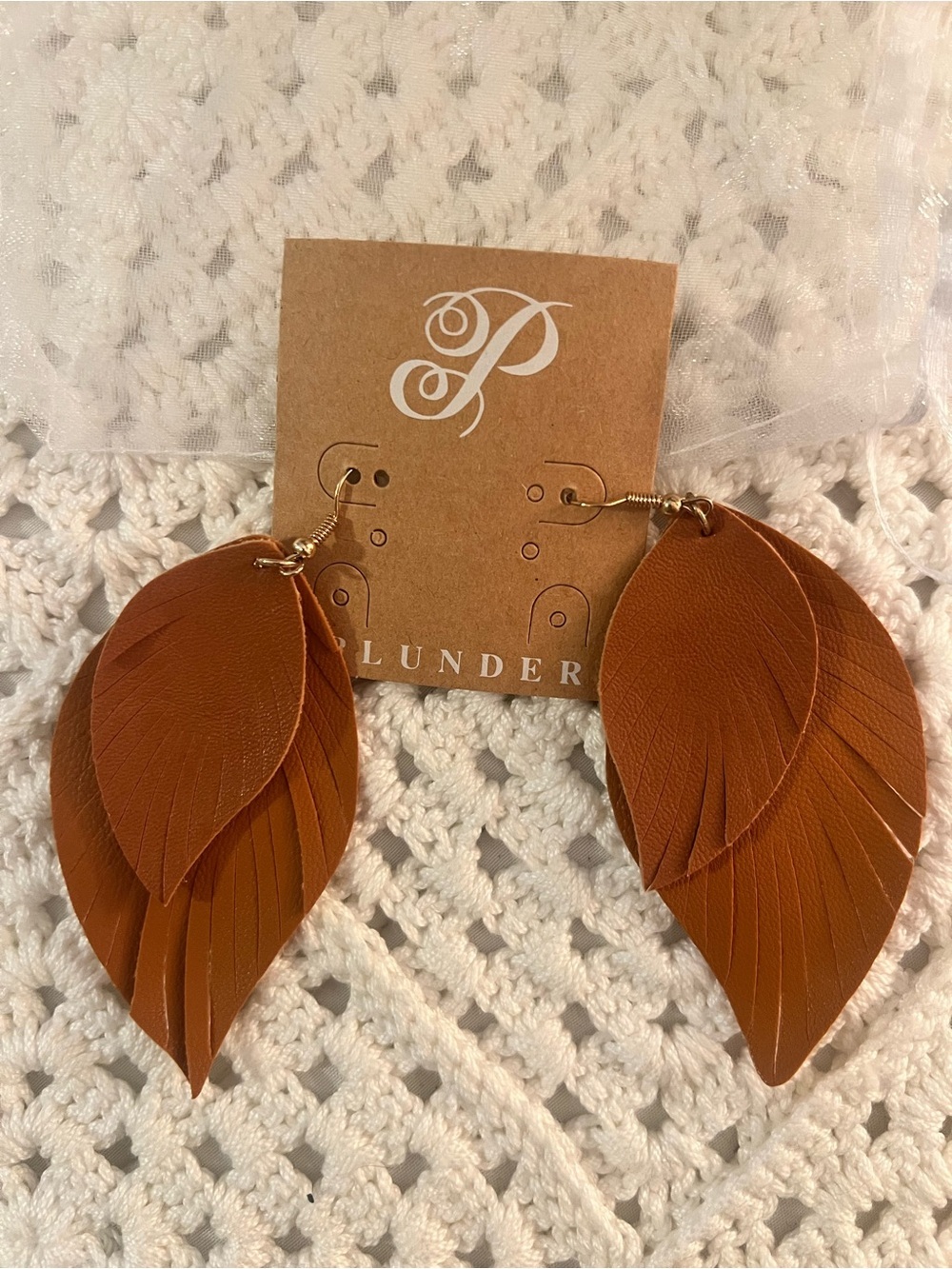 Plunder Brown Layered Leaf Leather Drop Earrings